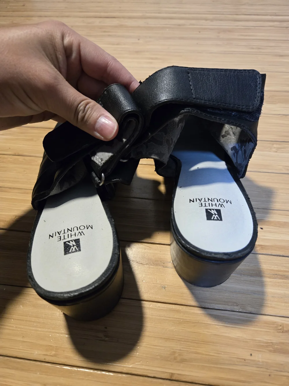 White Mountain Black Leather Peep-Toe Sandals